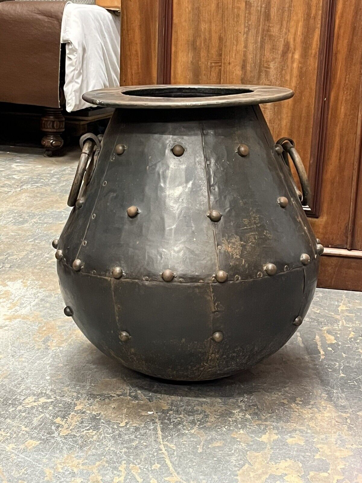 Huge Cauldron Shaped Metal Planter. Country House Style