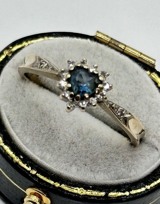 Vintage 9ct Gold Blue Heart Iolite Diamond Halo Ring