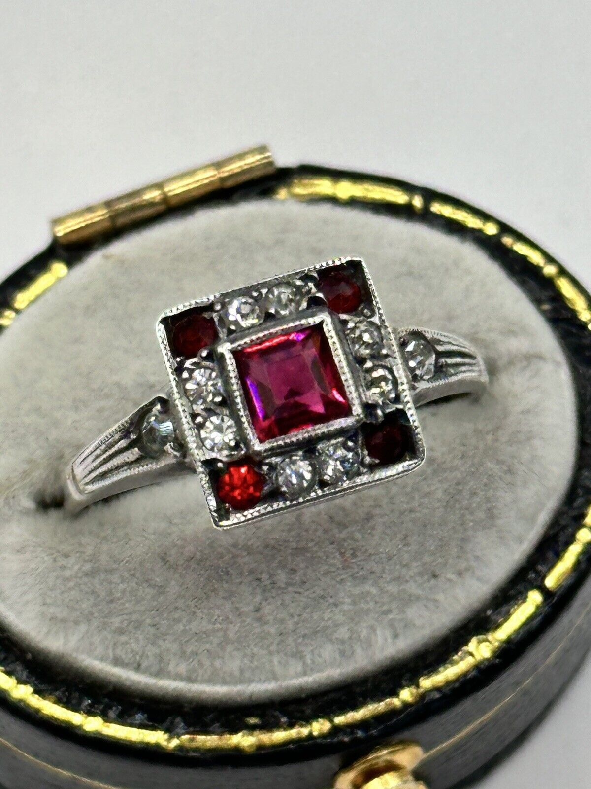 Art Deco 9ct Gold Silver 925 Red Clear Paste Ring