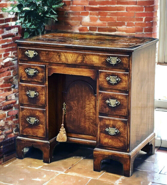 Walnut Kneehole Desk, Bracket Feet With Brass Handles.