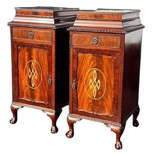 Antique Mahogany Pair Of Wine Celleratte Cabinets With Scottish Crest