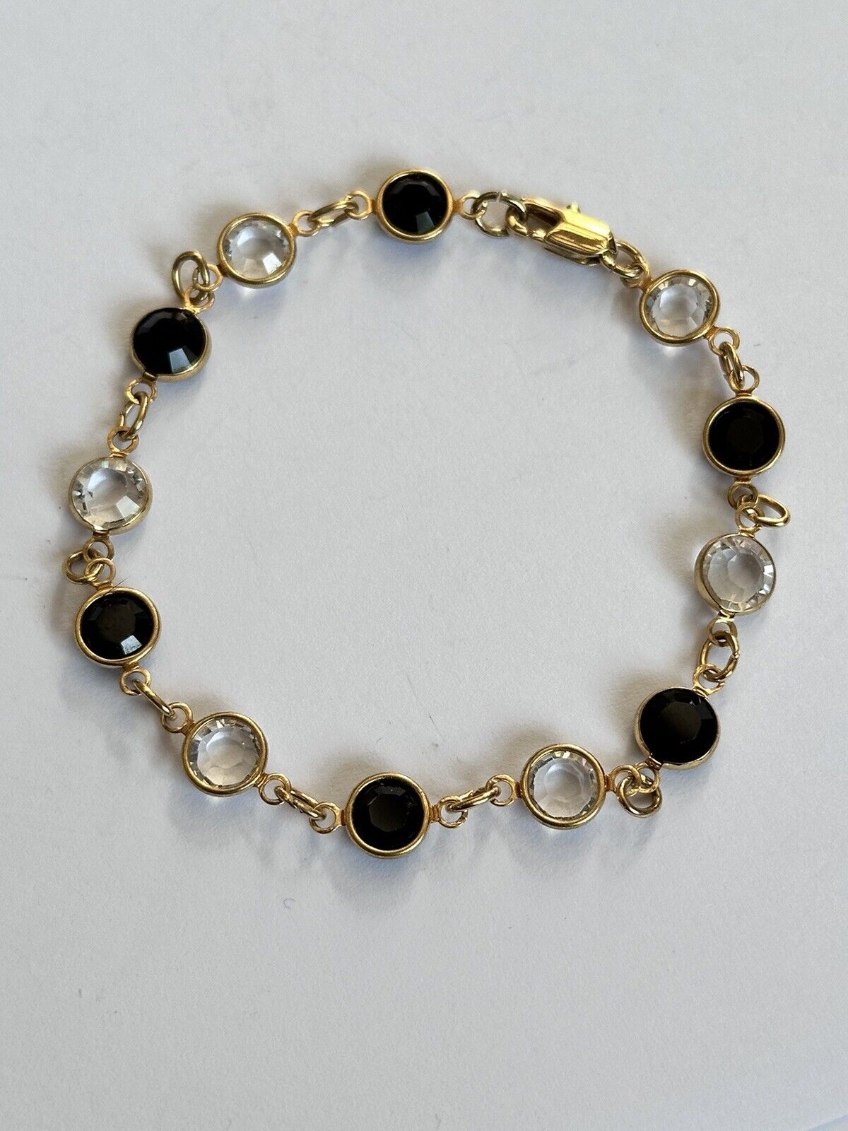 Vintage Gold Tone Bezel Set Black Clear Crystal Bracelet