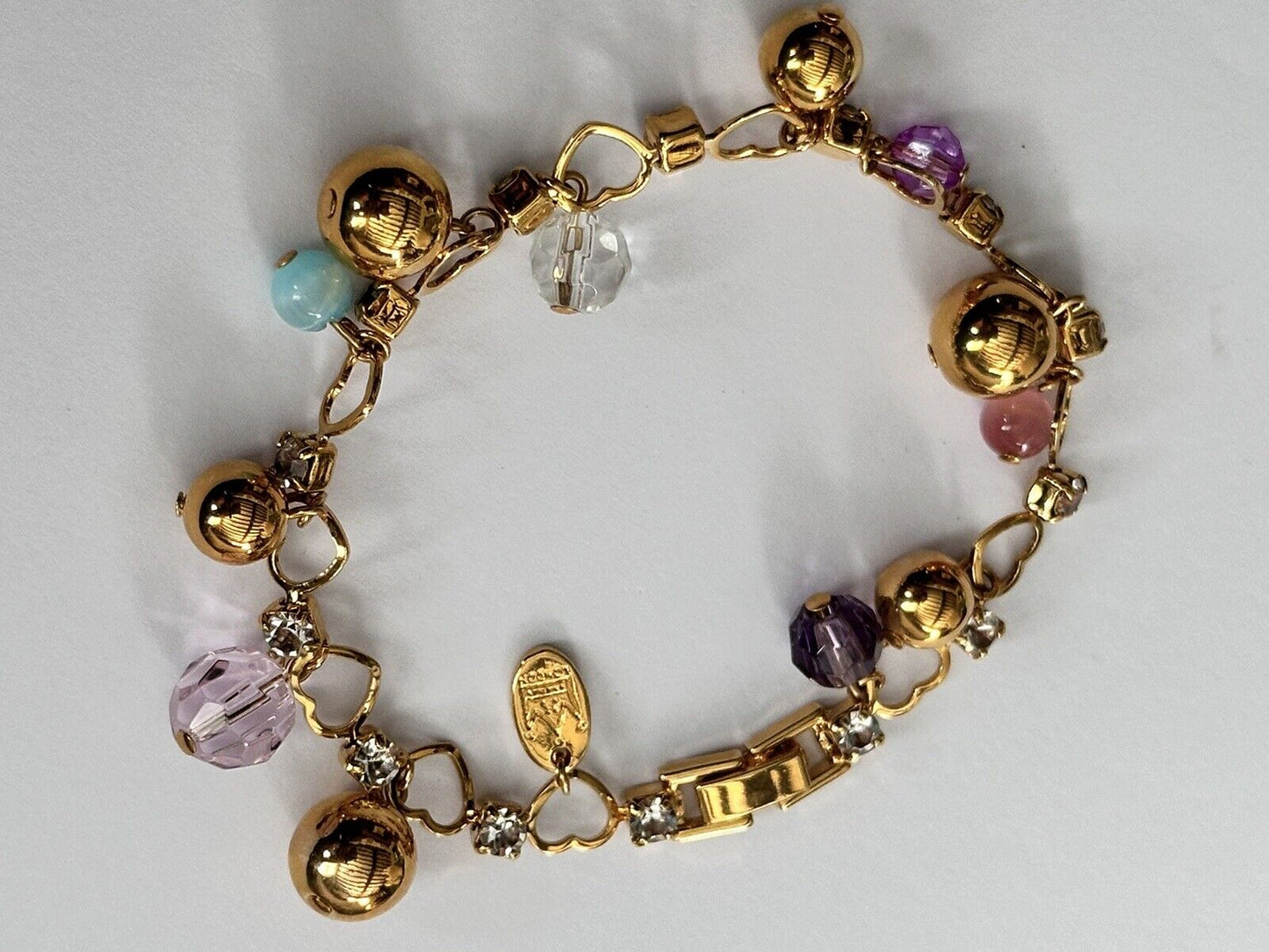 Vintage 1980s Gold Plated Heart Beaded Charm   Bracelet New Old Stock