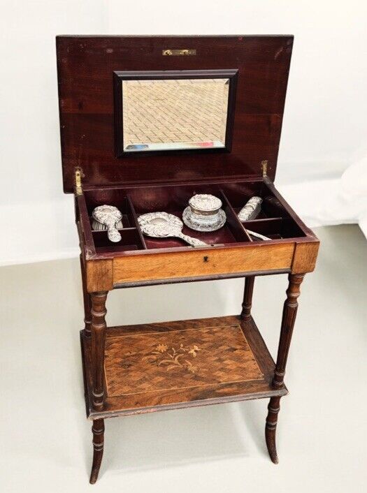 Antique Marquetry Dressing Cabinet With Silver Grooming Set, English Hallmarks