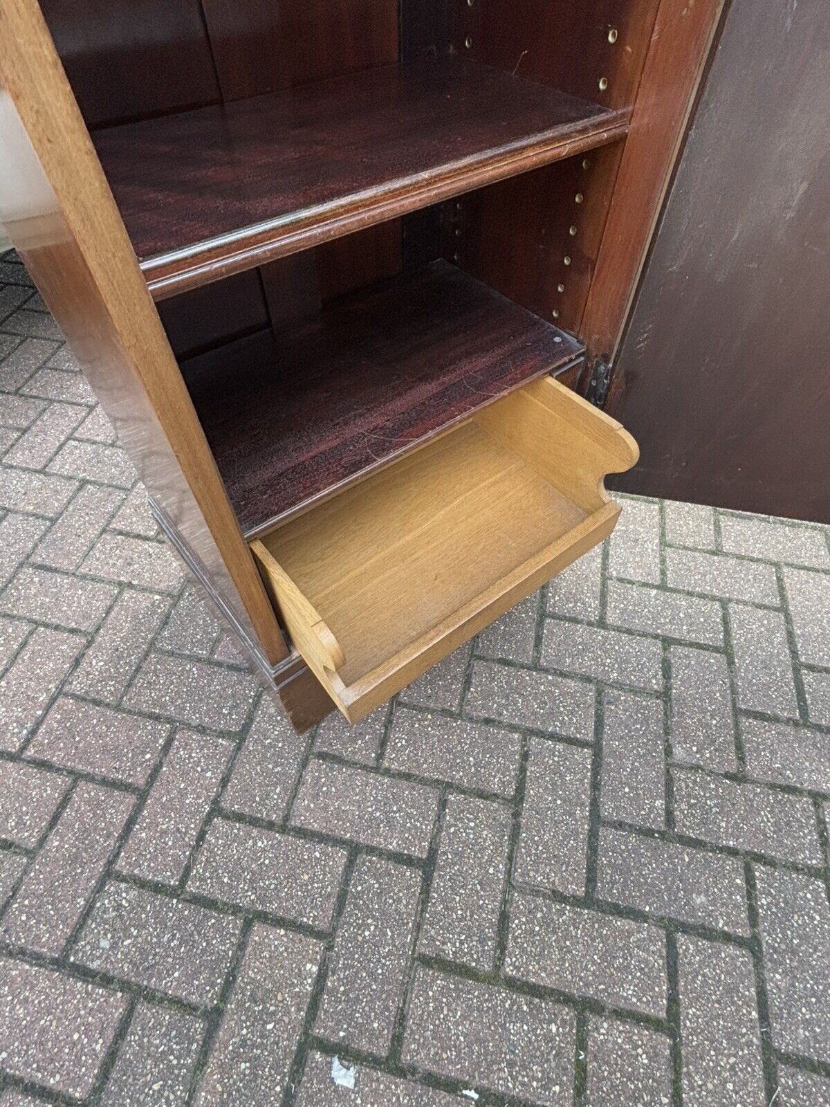 1920's Inlaid Mahogany Slim Storage Cupboards, Adjustable Shelves, Drawer, Key