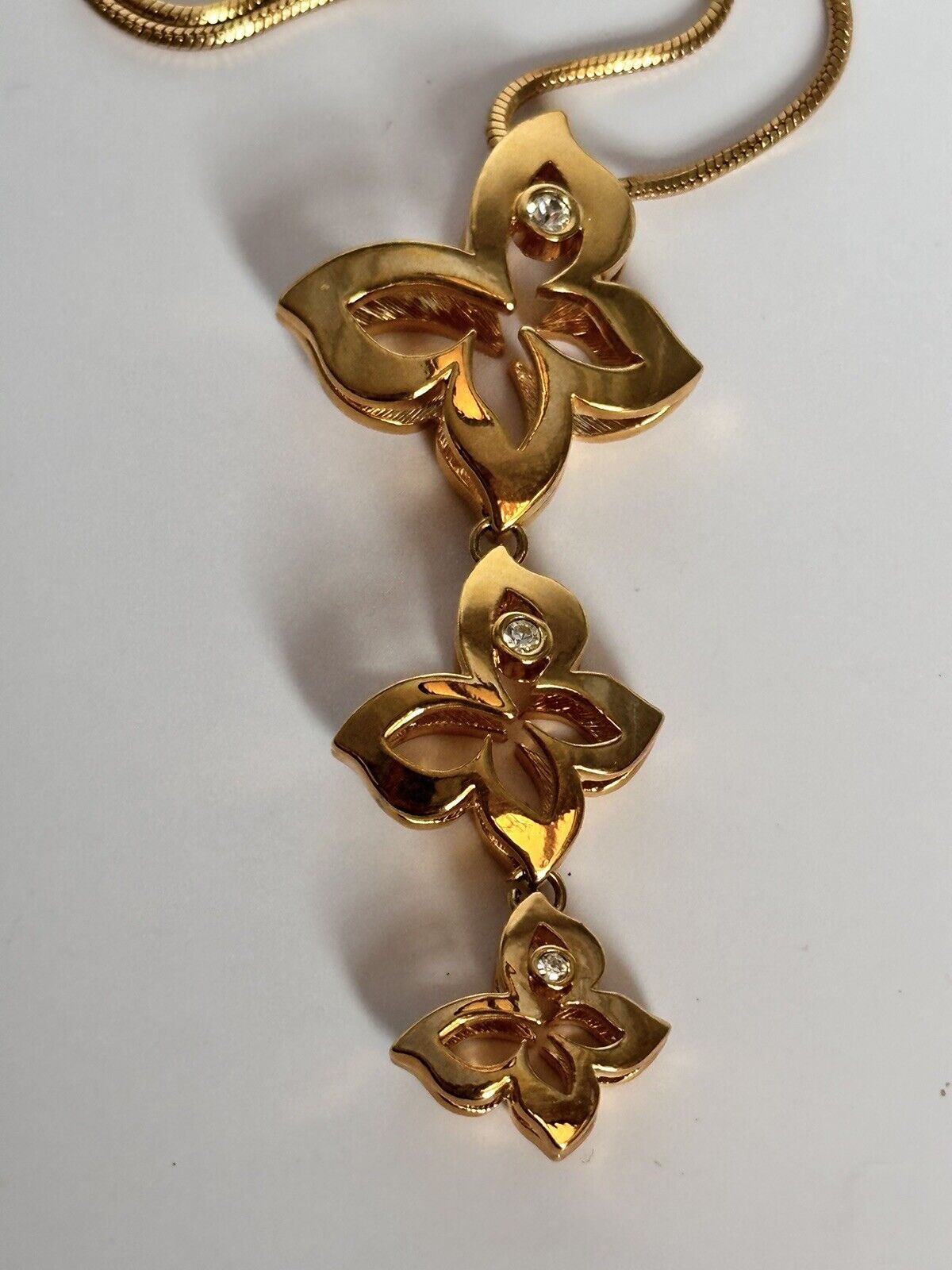 Vintage 1980s Gold Plated Butterflies Diamanté Drop Necklace