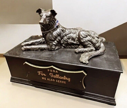 Full Size Bronze Statue Of A Collie, On A Wooden Base. Dickin Medal Exhibition
