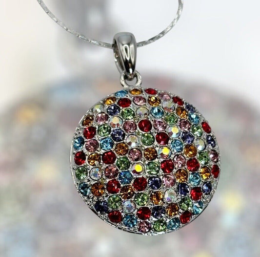 Vintage 1980s Rhodium Plated Multicoloured Diamanté Pendant Necklace