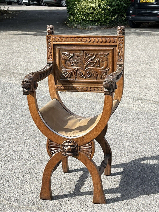 Edwardian Carved  Oak Chair, With Carved Lion Heads Decoration