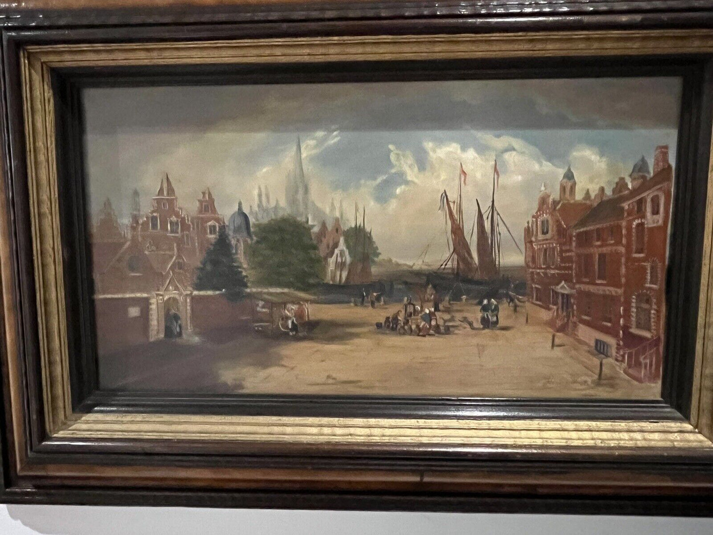 Antique Dutch Canal Scene Oil Painting, Signed F Knot In Frame