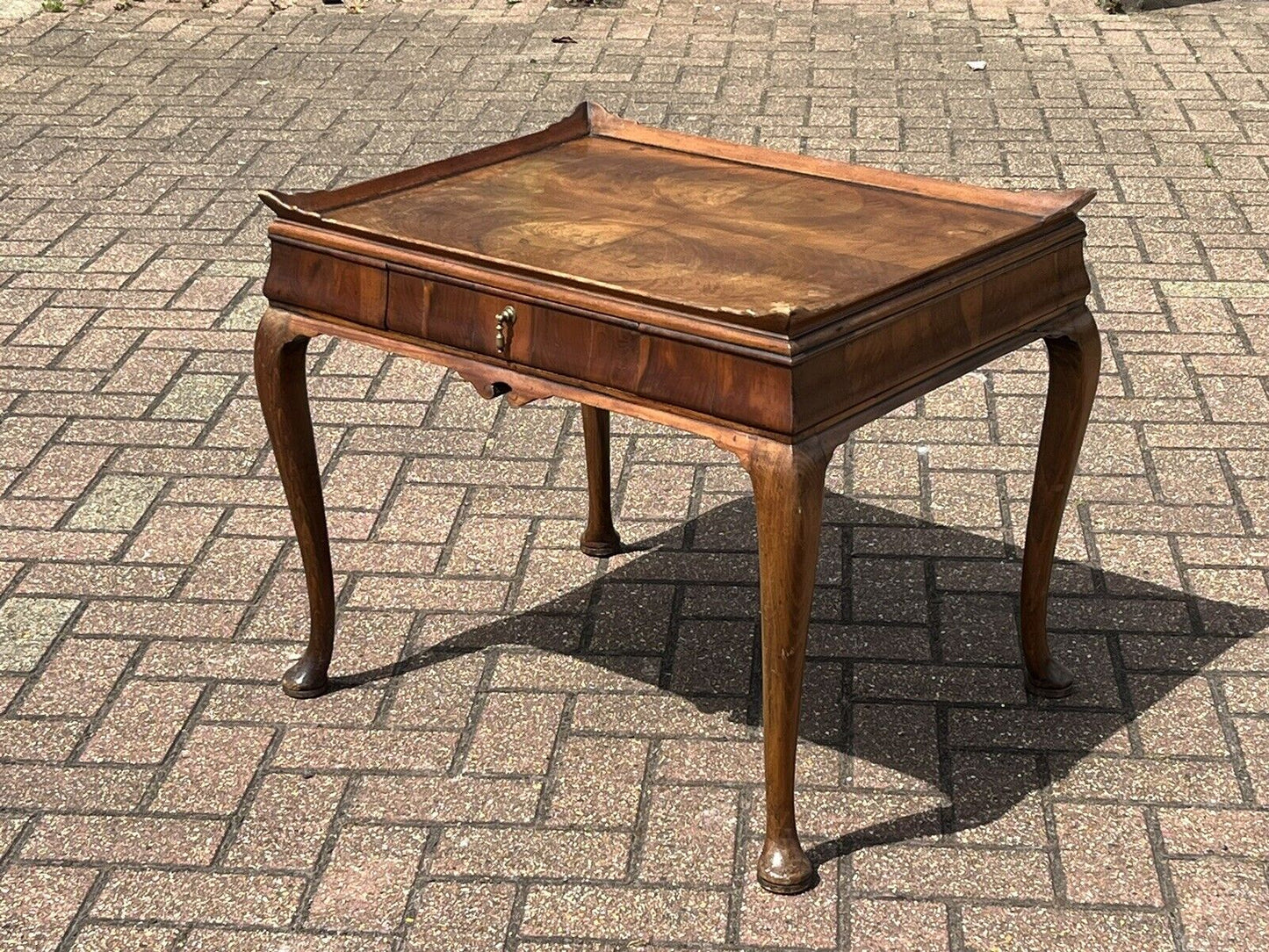 Antique Burr Walnut Tray Top Side Table With Drawer. Pad Feet, Brass Handle.