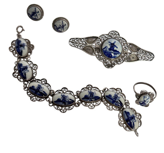 Vintage Dutch Silver 835 Filigree Delft Bracelet Ring Necklace Earring Set