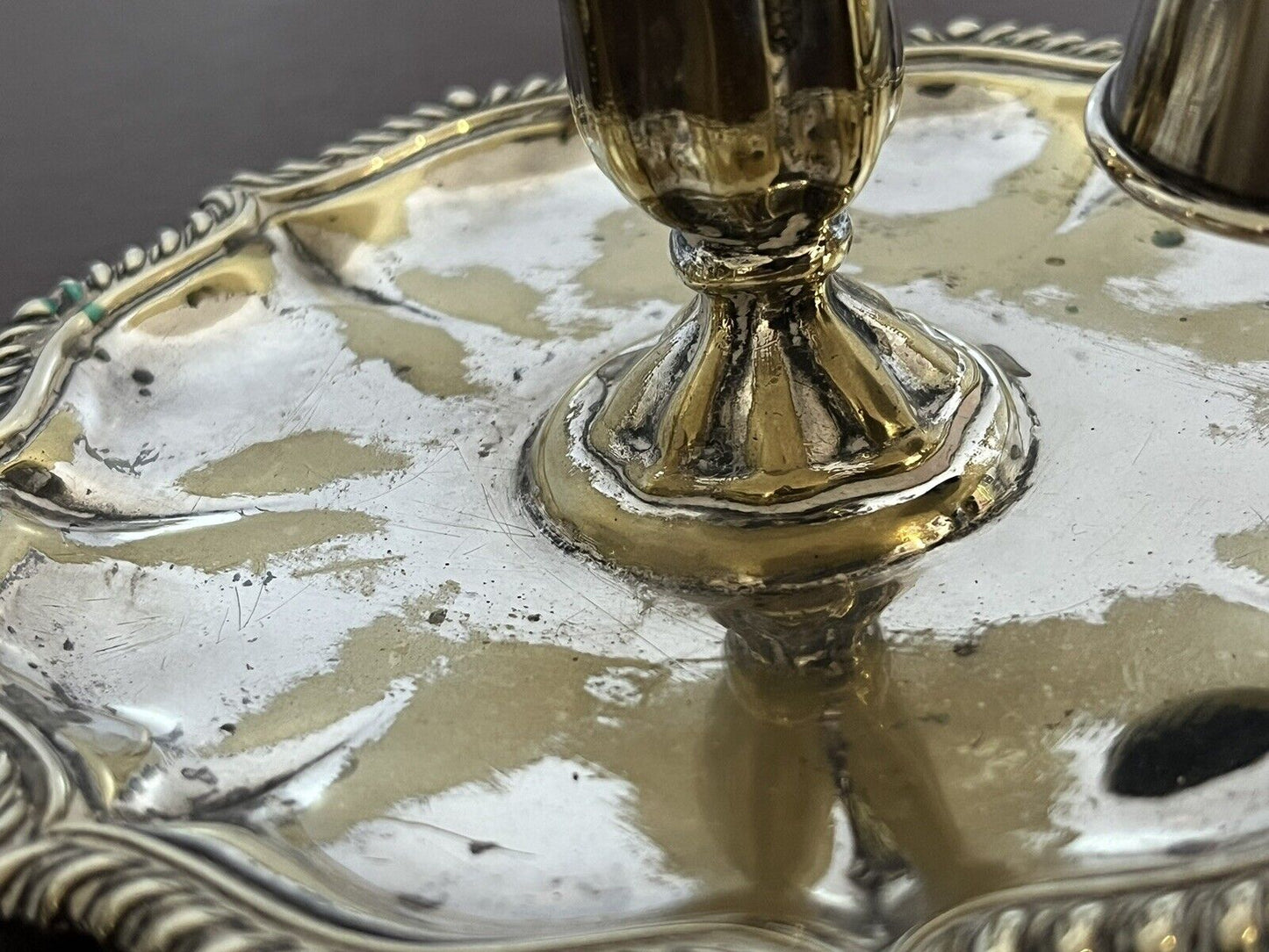 Pair Of Antique Silver Plate Candlesticks With Snuffers.