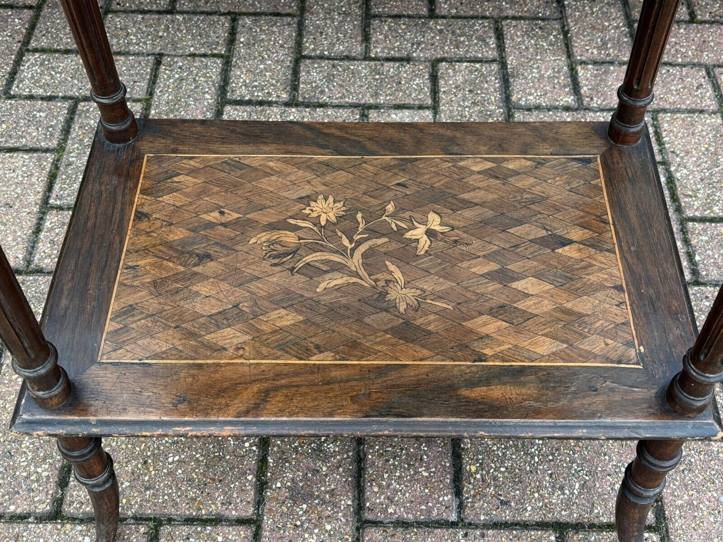 Antique Marquetry Dressing Cabinet With Silver Grooming Set, English Hallmarks