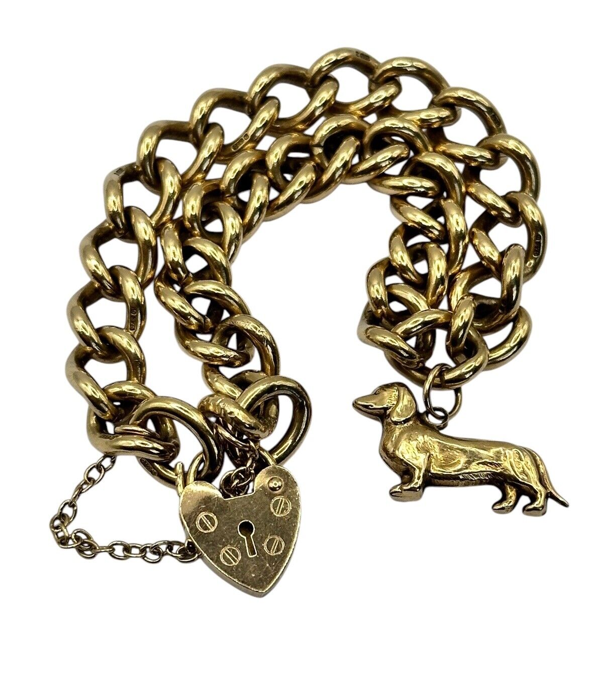 Vintage 9ct Gold Heart Padlock Bracelet With Sausage Dog Charm 28.51g