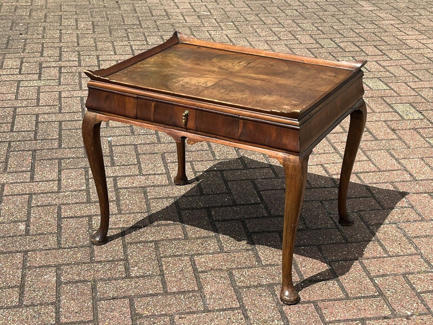 Antique Burr Walnut Tray Top Side Table With Drawer. Pad Feet, Brass Handle.