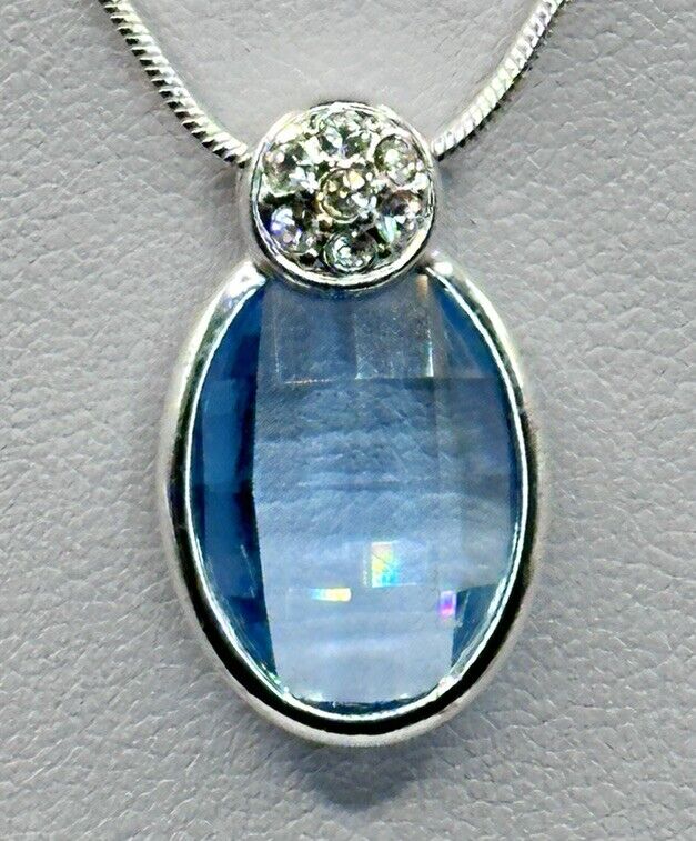 Rhodium Plated Necklace Made With Blue Swarovski Crystal New Old Stock