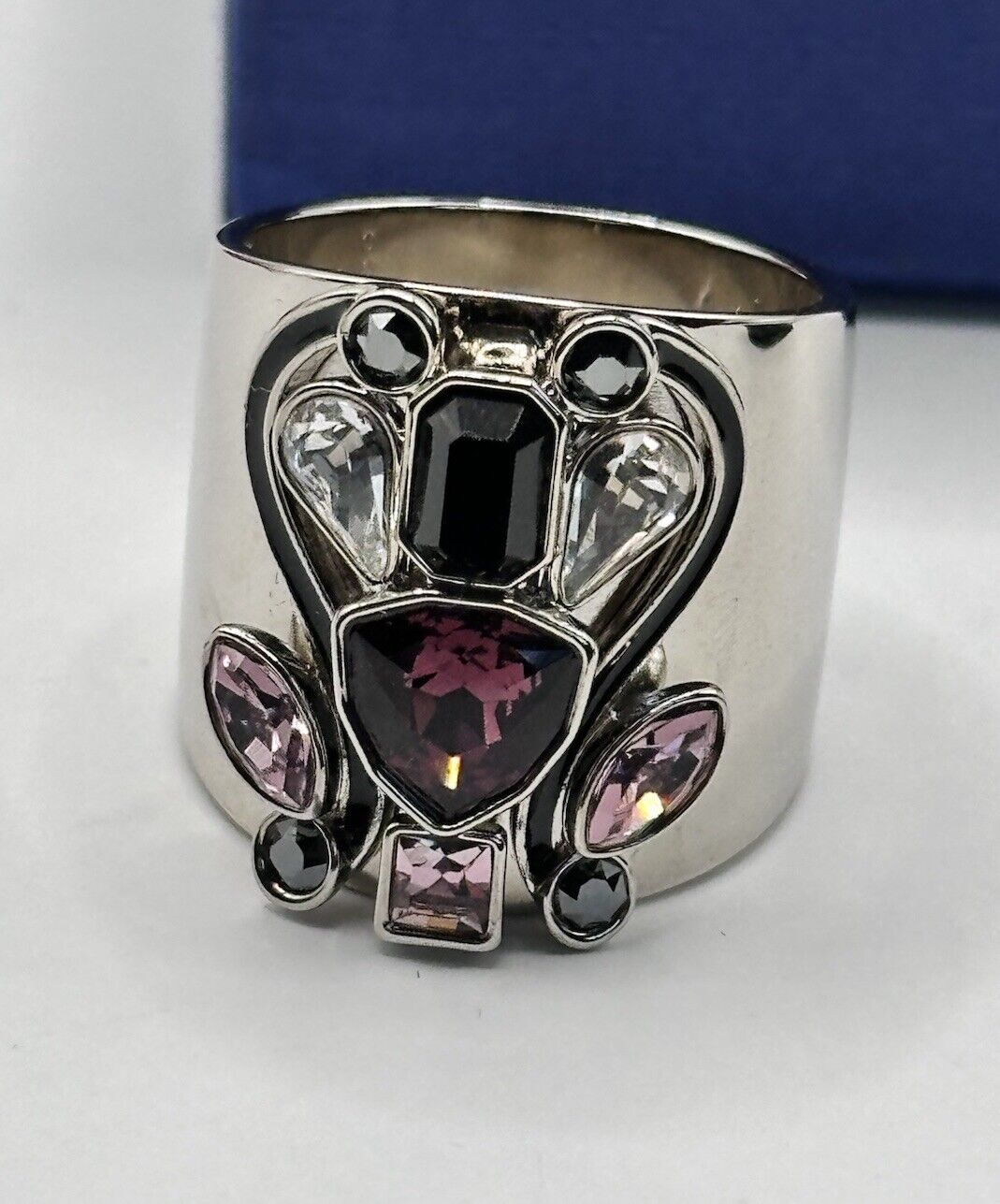 Vintage Swan Signed Swarovski Purple Black Stone Statement Ring Boxed