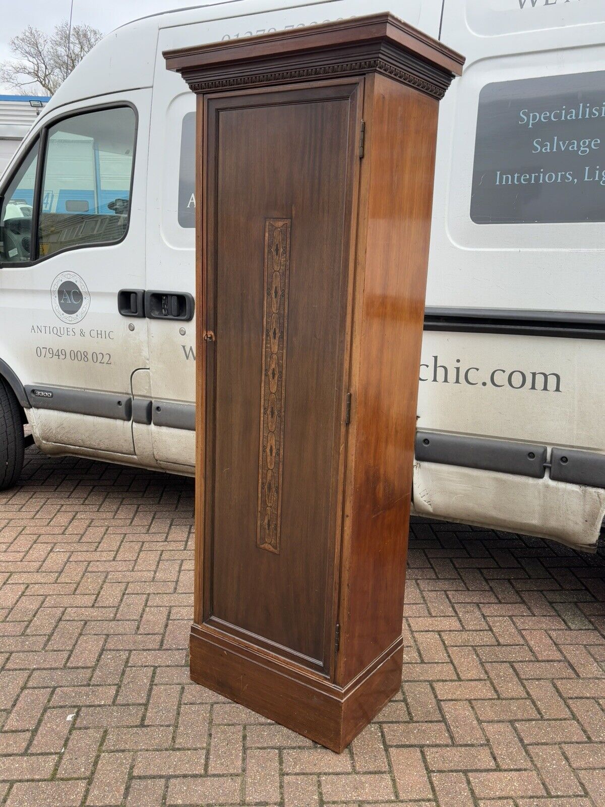 1920's Inlaid Mahogany Slim Storage Cupboards, Adjustable Shelves, Drawer, Key