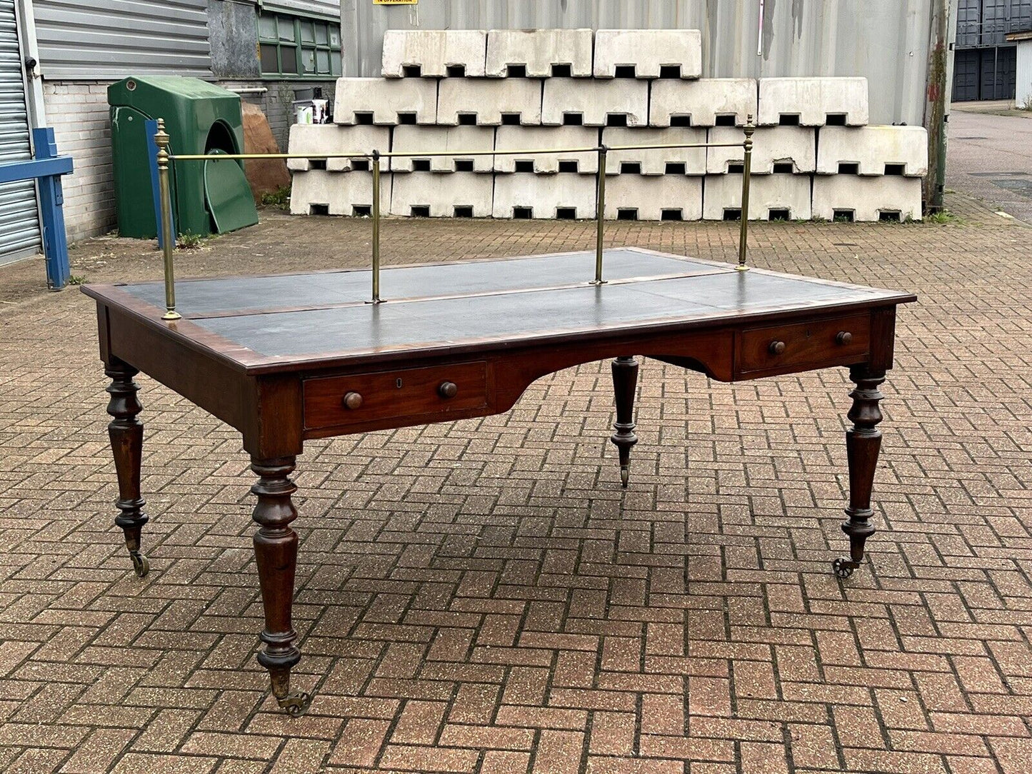 Victorian Mahogany Library Partners Desk. Original Brass Privacy Rail, 4 Drawers