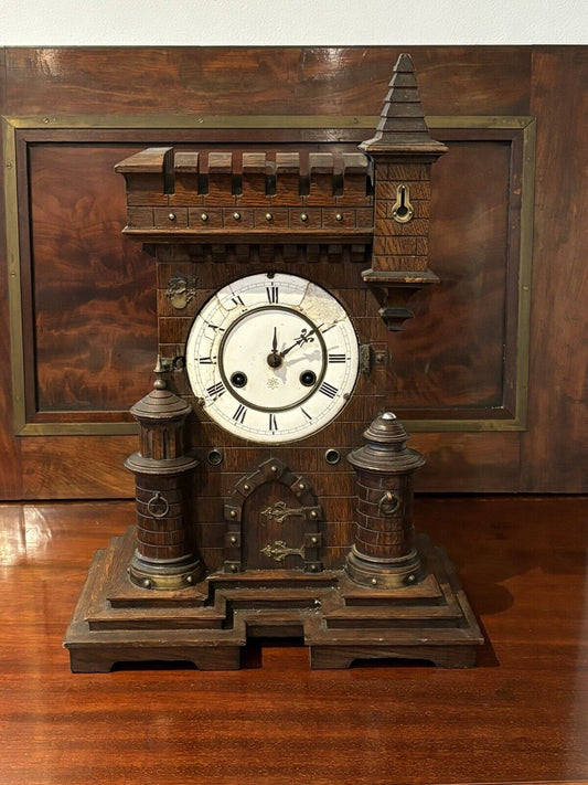 Antique Black Forest Architectural Wooden Mantle Clock