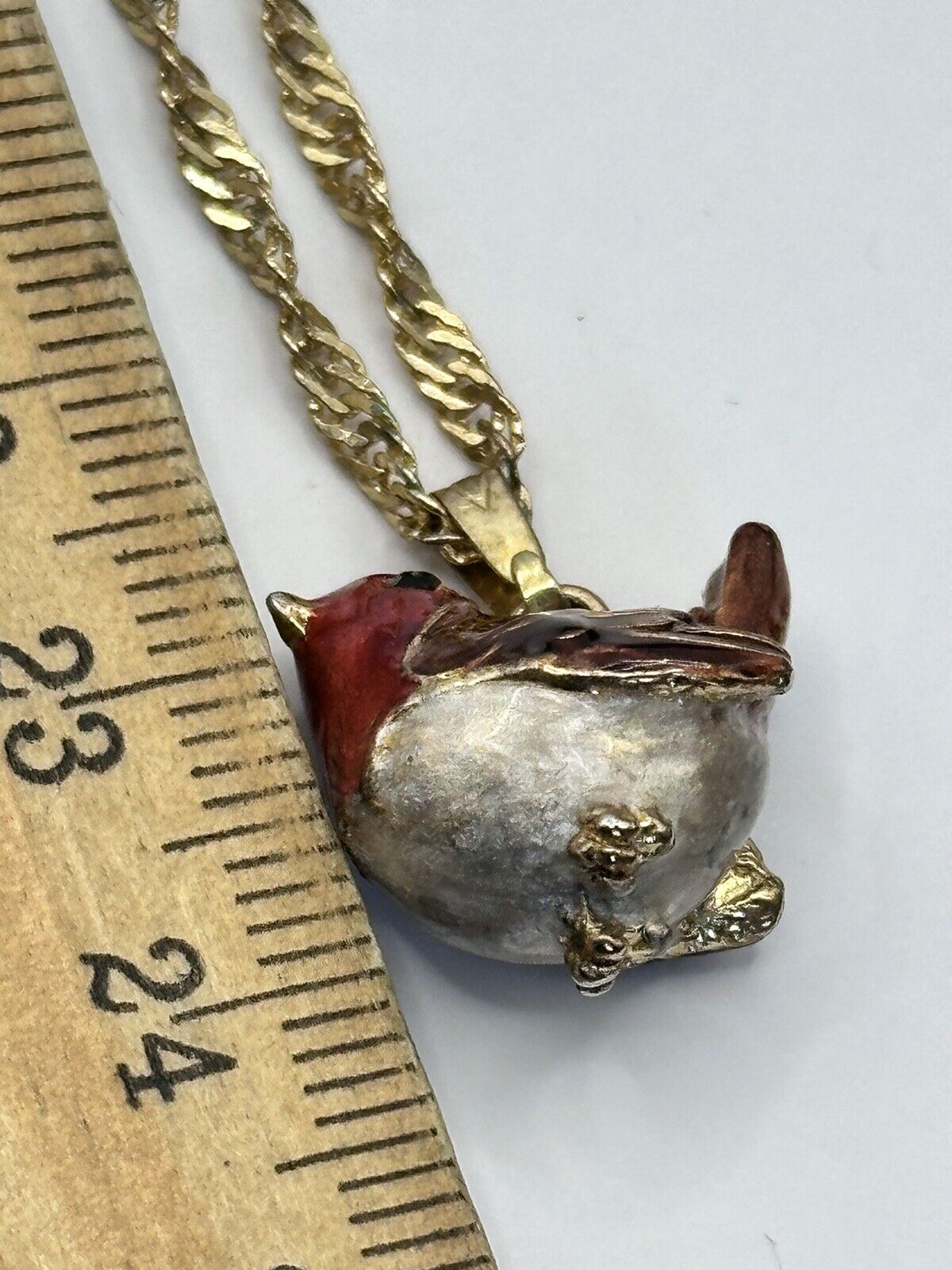 Viintage Gold Plated Enamel Robin Bird Pendant Necklace