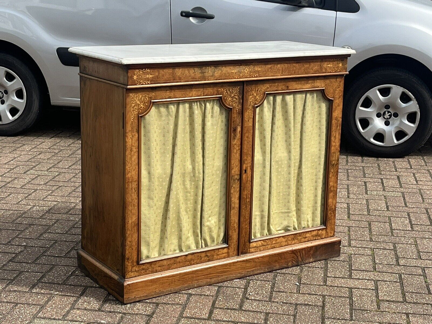 Victorian Walnut Pier Bookcase, Display Cabinet, Credenza With White Marble Top