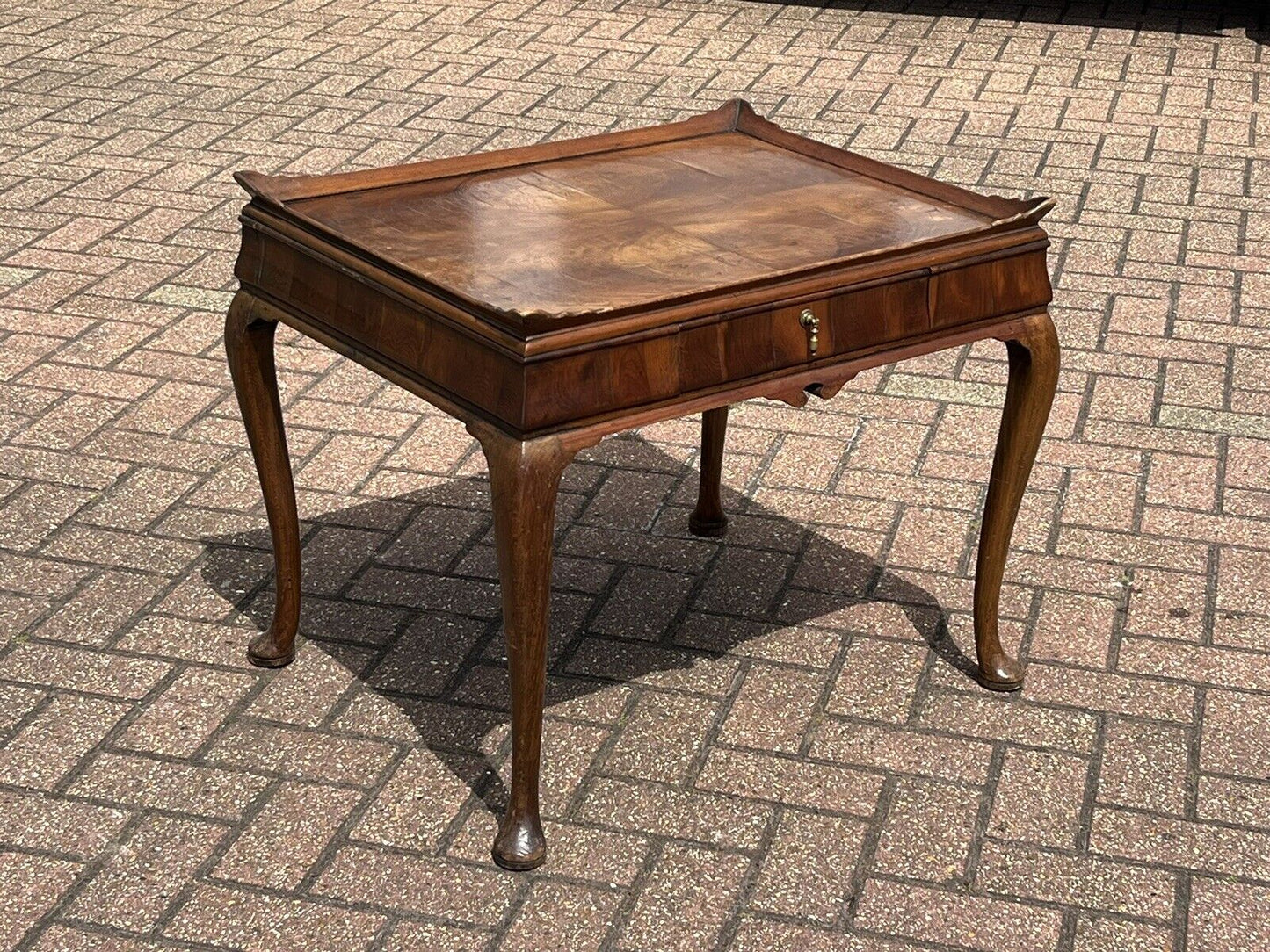 Antique Burr Walnut Tray Top Side Table With Drawer. Pad Feet, Brass Handle.