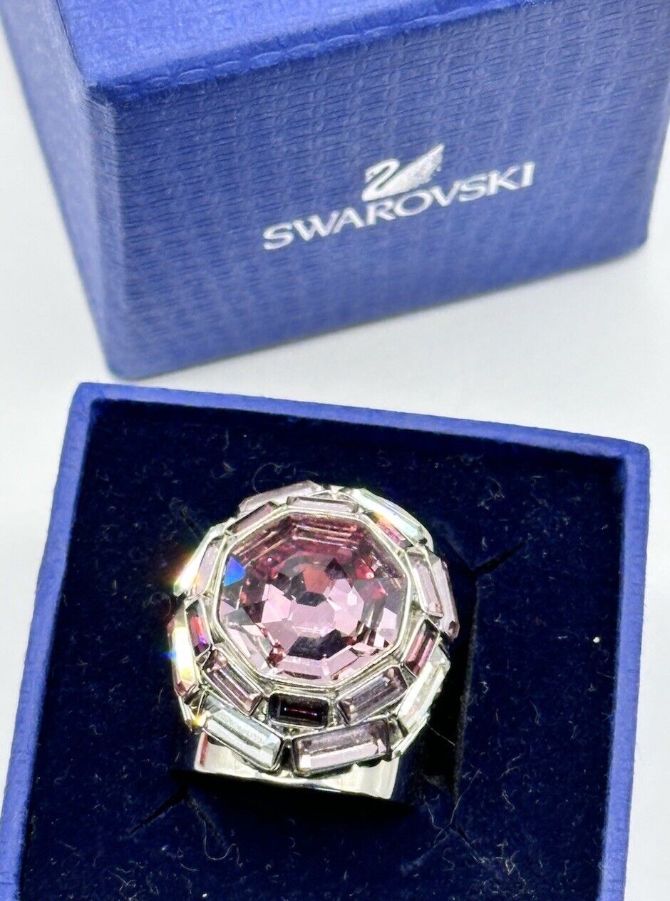 Vintage Swan Signed Swarovski Purple Stone Statement Ring Boxed