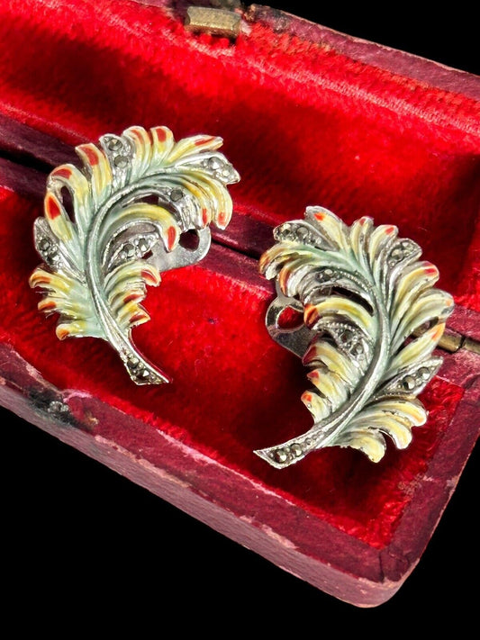 Vintage Silver Tone Enamel Marcasite Feather Clip On Earrings