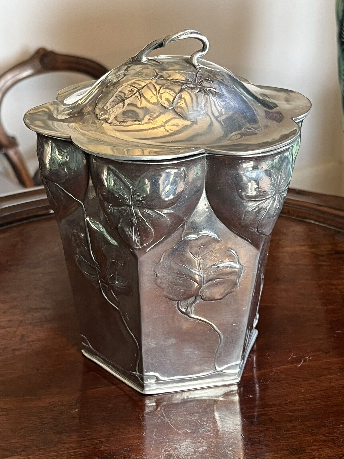 Art Nouveau Silver Plate Biscuit Barrel Moulded With Leaves &  Flowers