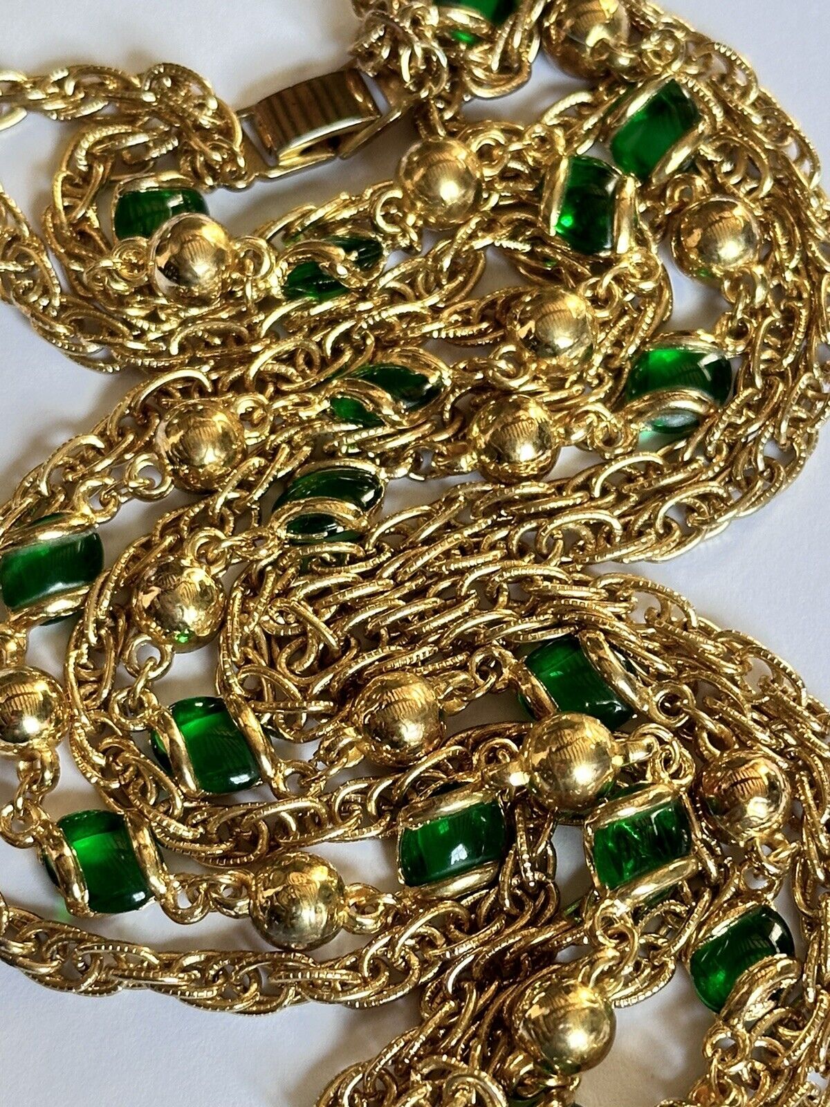 Vintage Gold Plated Triple Strand Green Glass Substantial Necklace