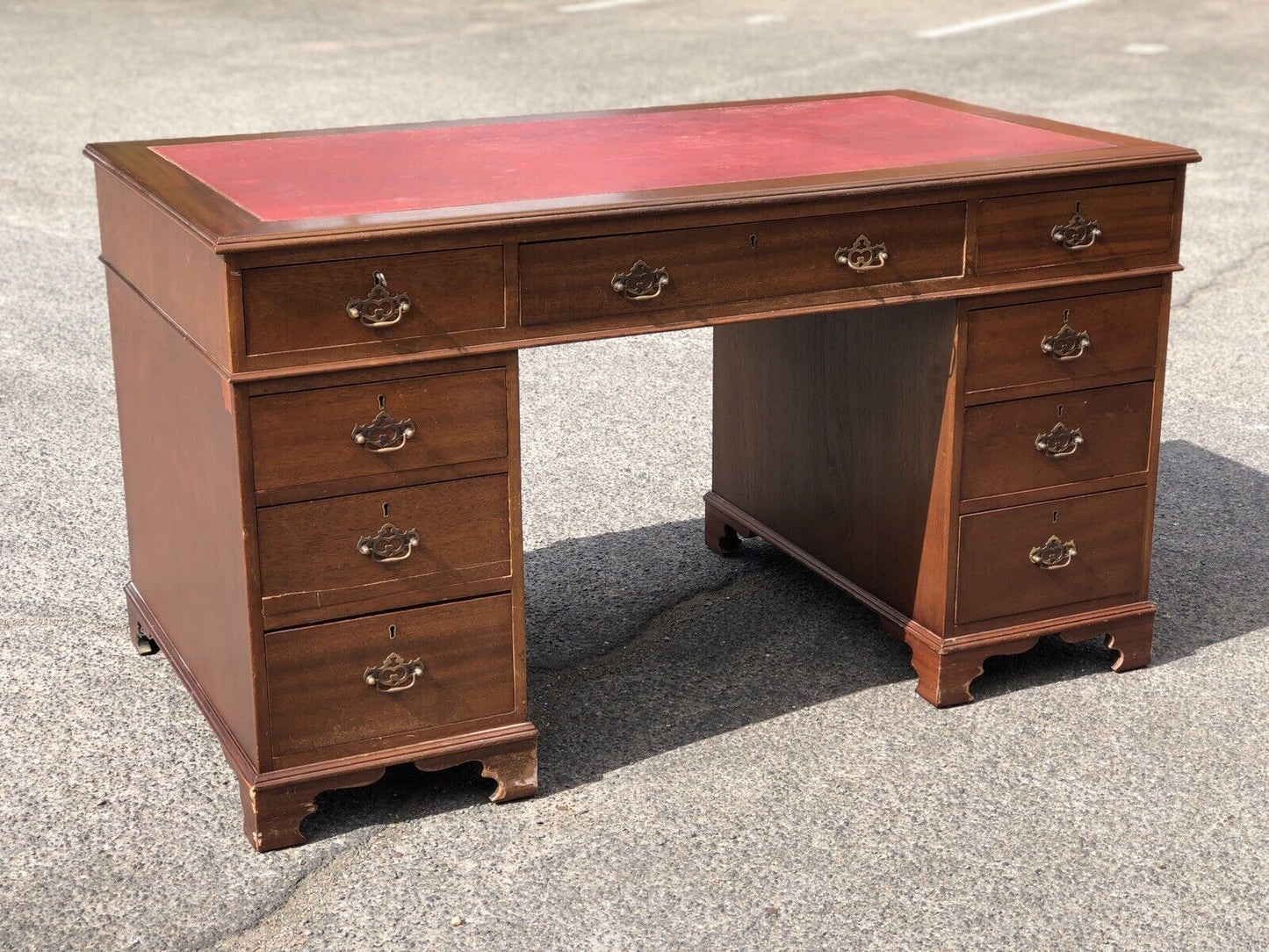 Pedestal Desk With Red Leather Top. Brass Handles.