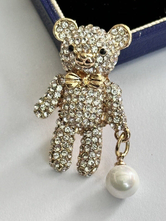 Vintage Gold Tone Diamanté Faux Pearl Teddy Bear  Brooch