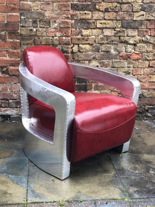 Aviators Armchair, Aluminium With Red Leather Upholstery.