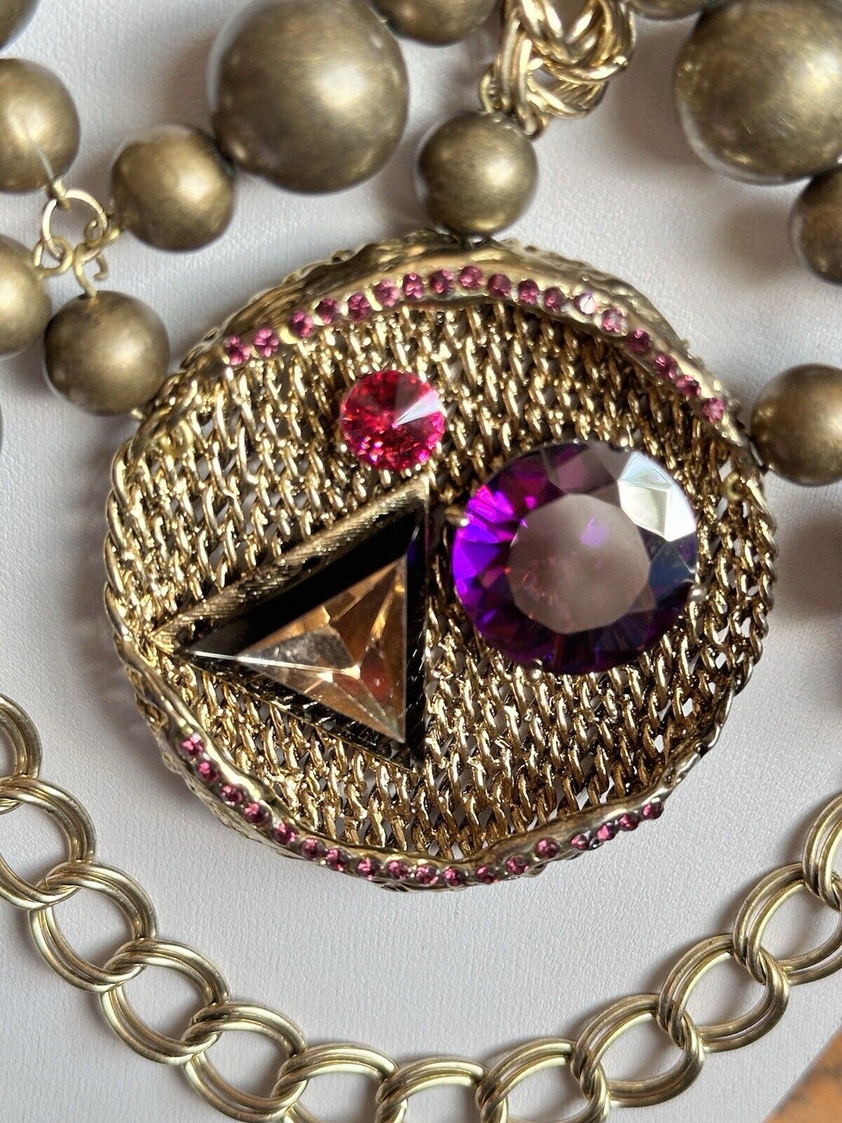 Vintage Runway Statement Beaded Diamanté Gold Purple Pink Necklace