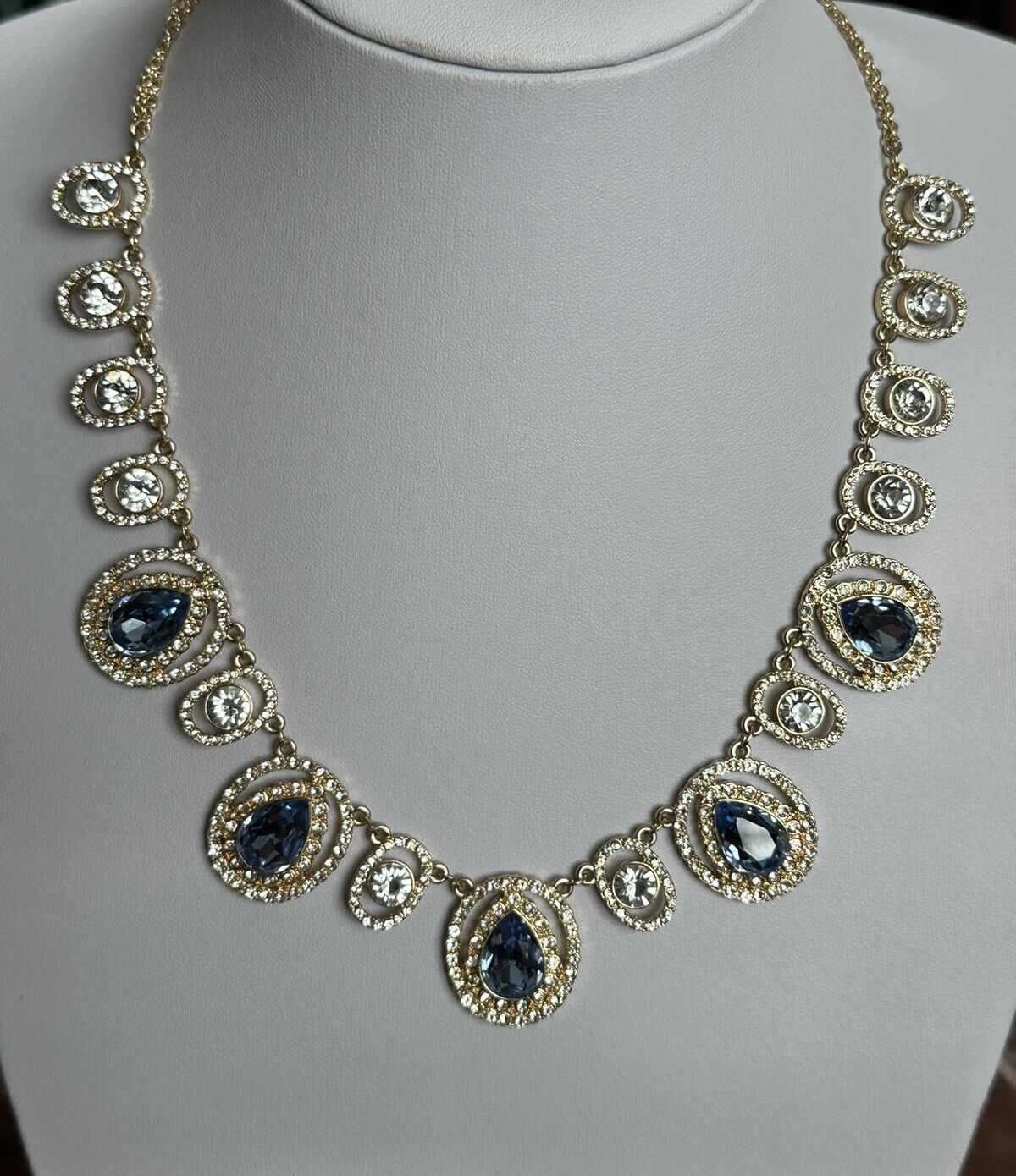 Vintage Gold Plated Blue Teardrop Crystal Statement Necklace