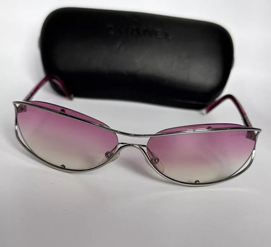 Vintage Stylish Chanel Pink Lense Silver Frame Sunglasses