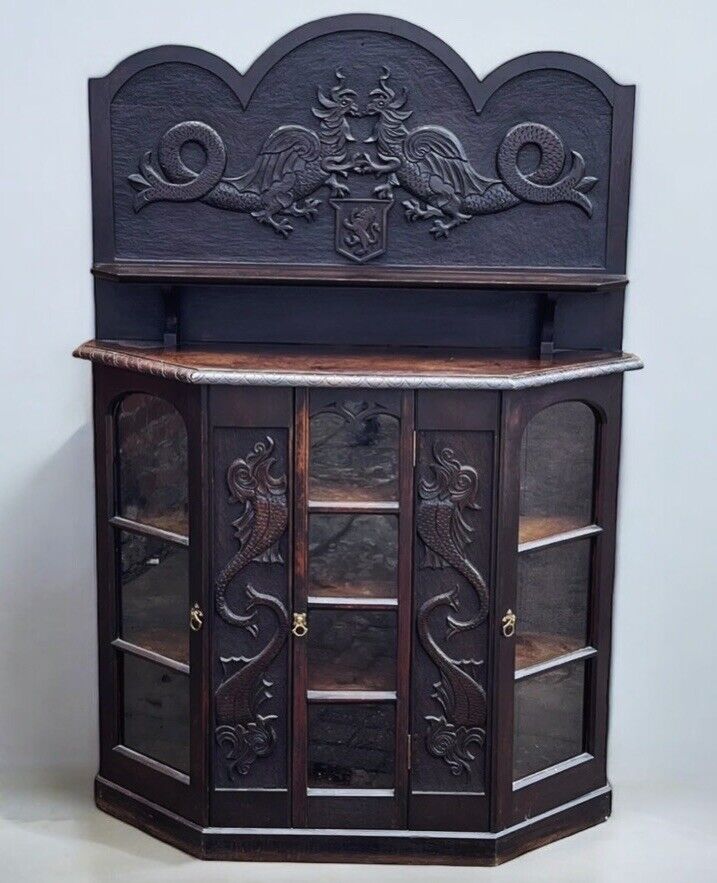 Antique Sideboard/ Display Cabinet With Carved Family Crest.