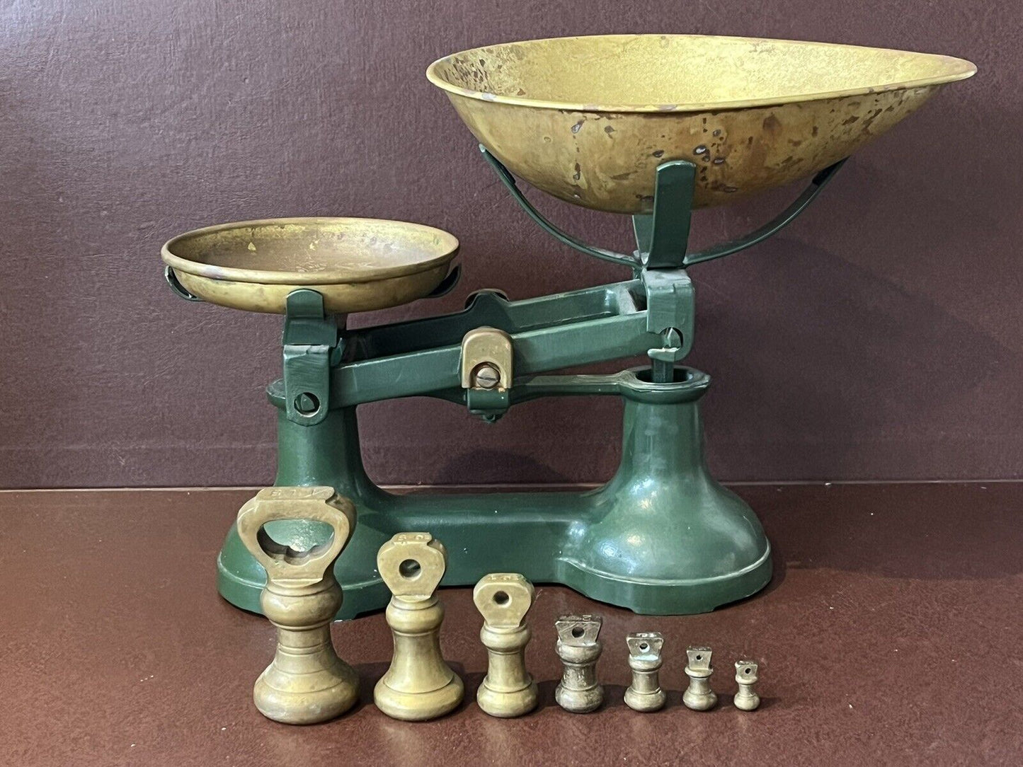 Old Scales With Set Of Brass Bell Weights