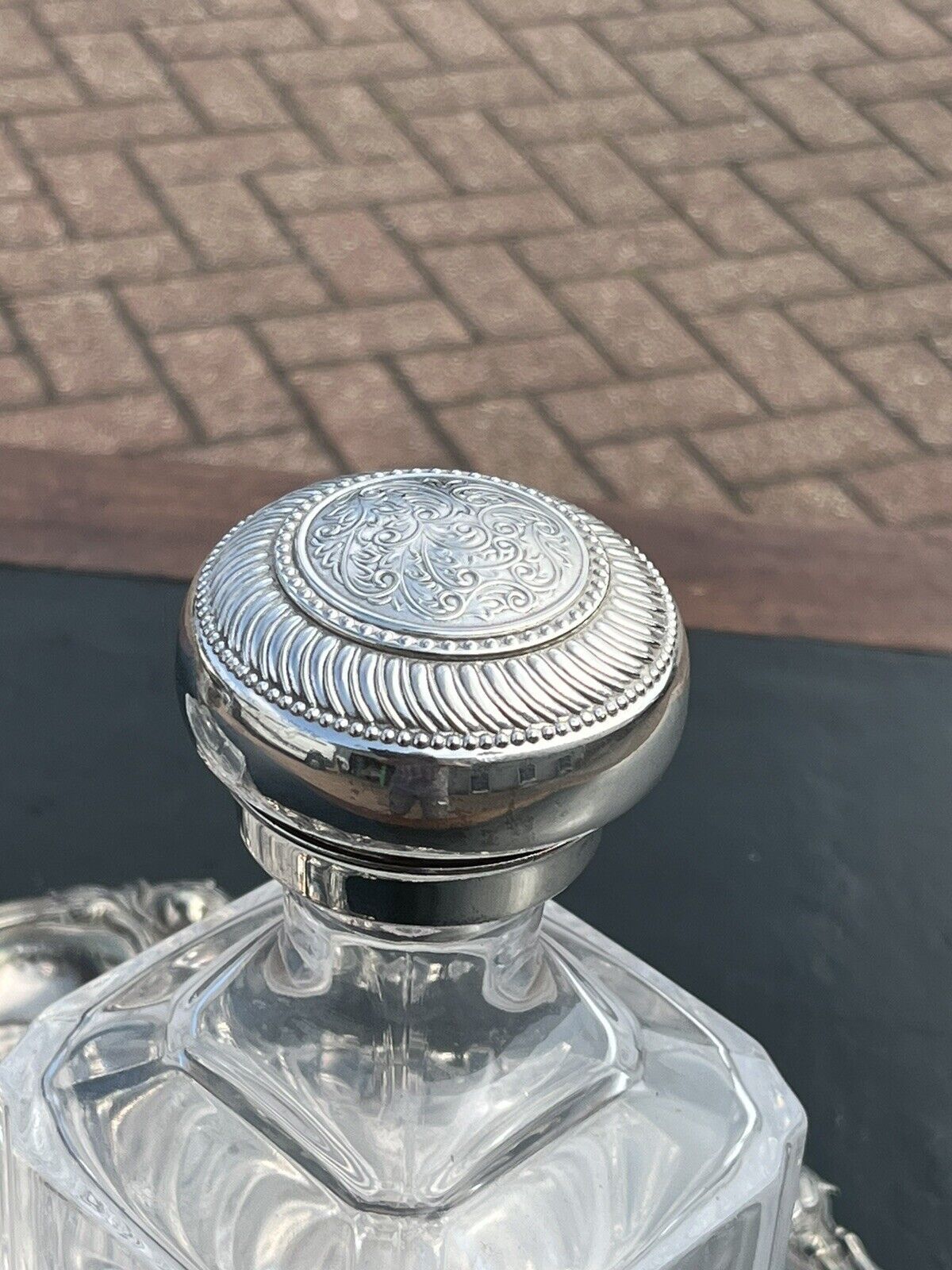 Pair Of Large & Heavy Glass Decanters With Silver Plate Decoration With Tray