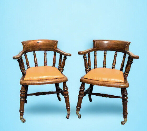 Victorian Library Armchairs, On Brass Castors, Good Quality Examples.