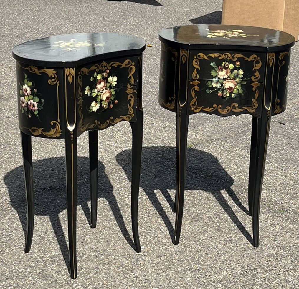 Pair Of Bedside Cabinets. Lamp Tables. Side Tables. Decorated With Flowers