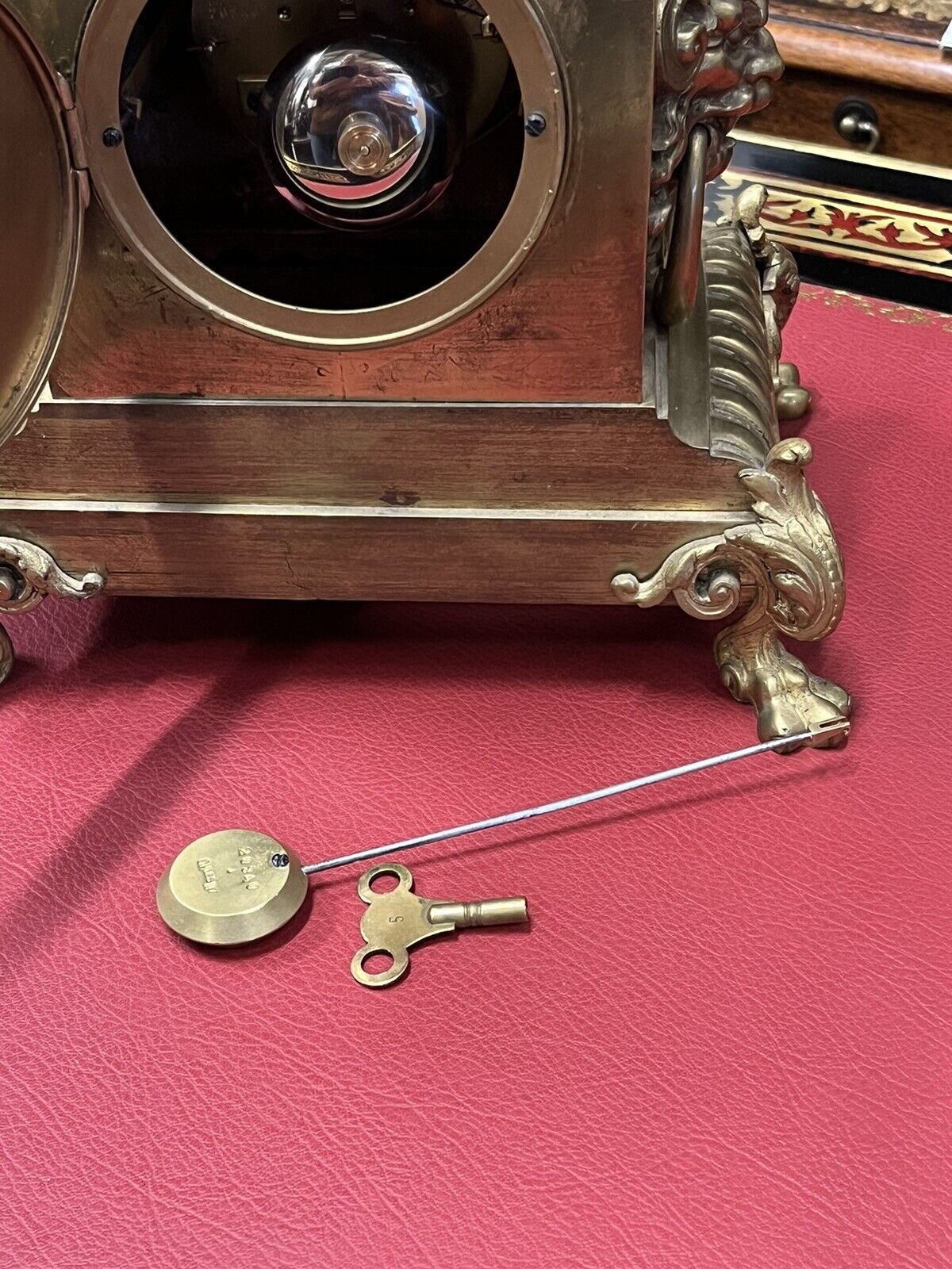 Victorian Brass Clock, Superb Quality, Chimes In A Bell, With Key And Pendulum