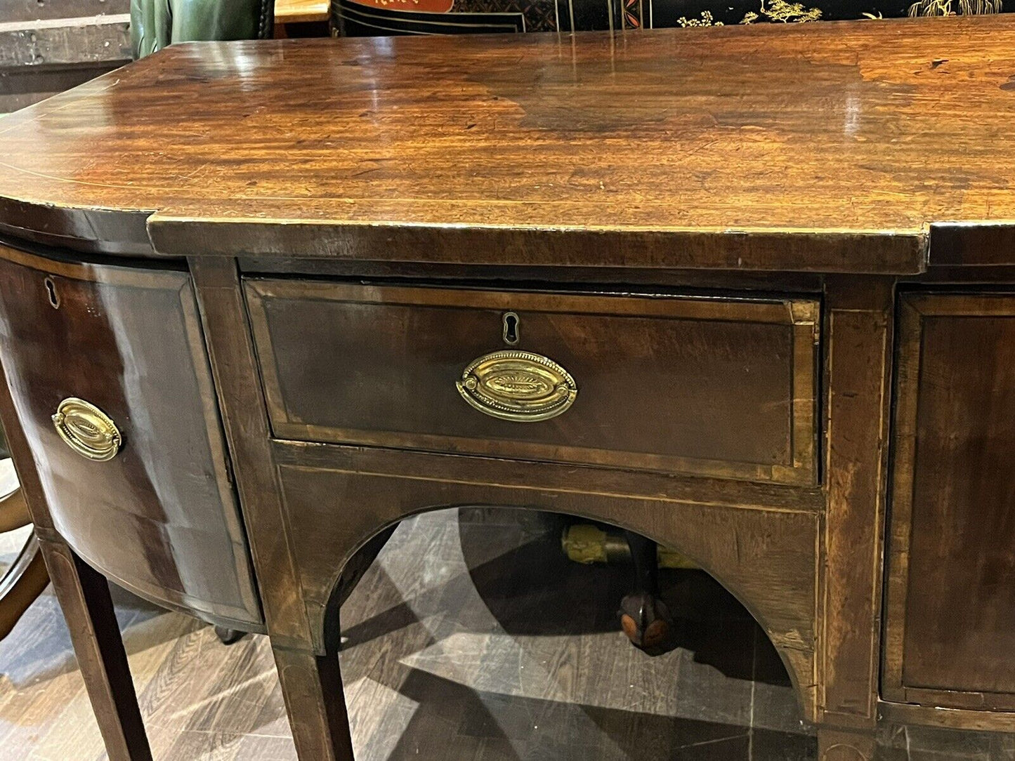 Georgian Inlaid Mahogany Sideboard. Small Proportions. Brass Handles.