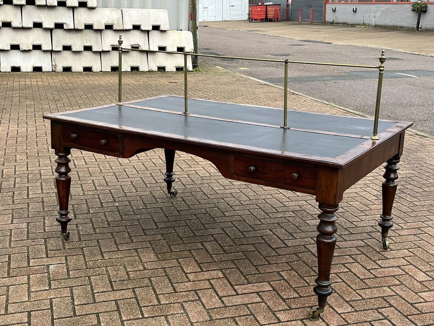 Victorian Mahogany Library Partners Desk. Original Brass Privacy Rail, 4 Drawers