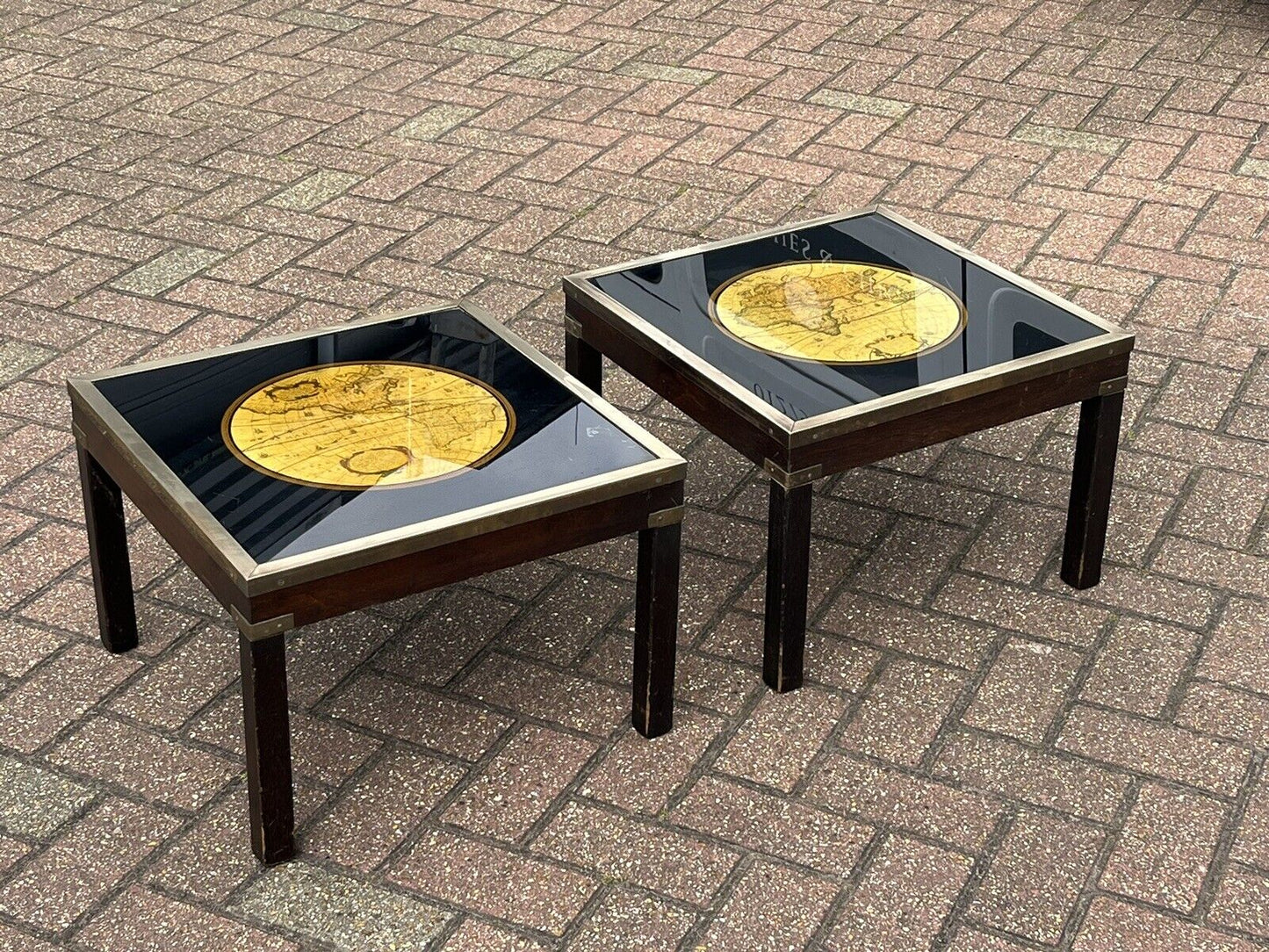 Pair Of Military Style Brass Bound Map Coffee Tables, Lamp Tables, Side Tables