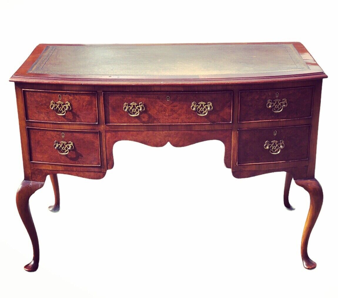 1930’s Walnut Desk, Leather Top, Brass Handles.