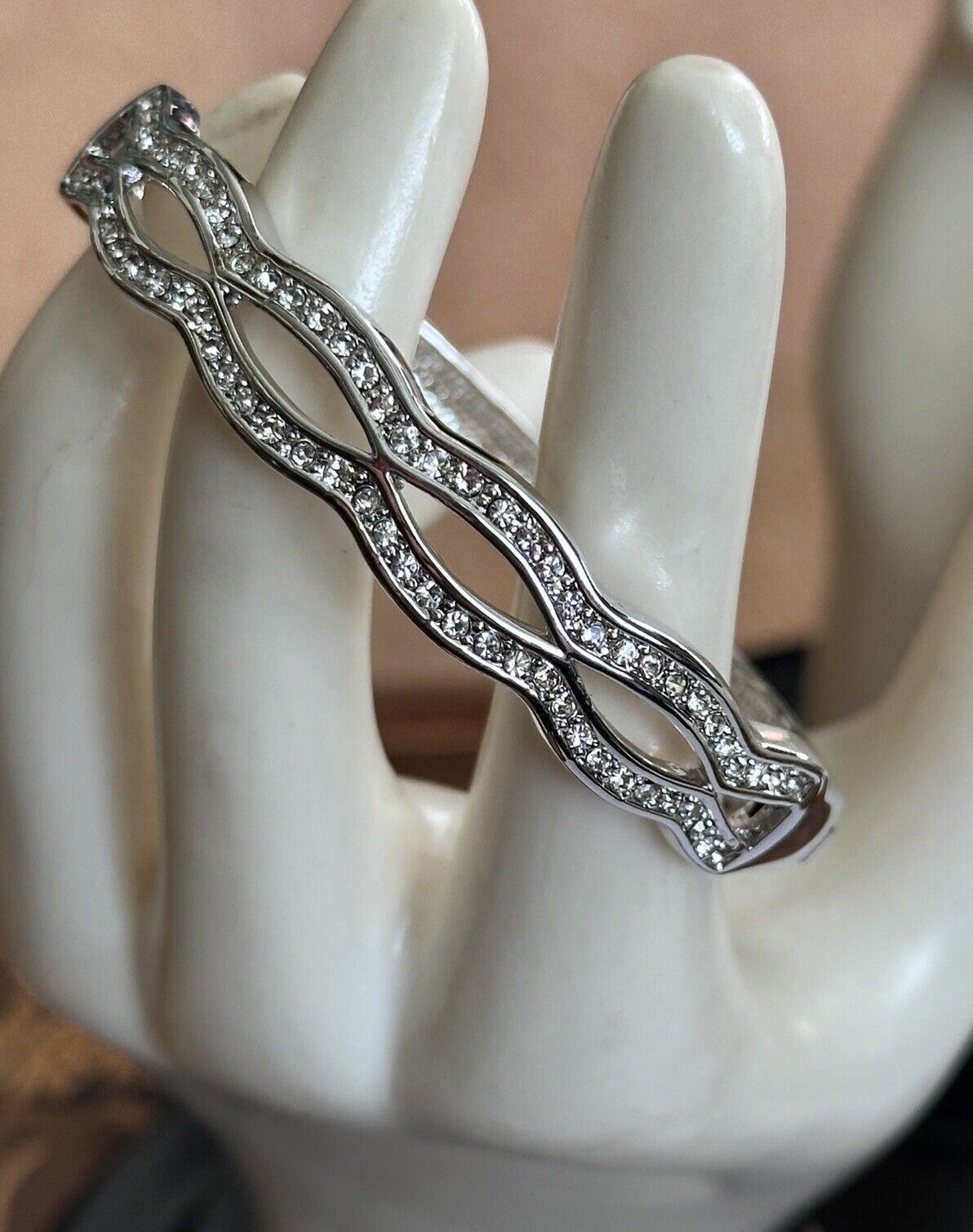 Vintage 1980s Rhodium Plated Diamanté Wave Bracelet New Old Stock