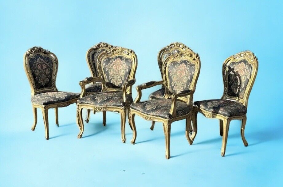 6 Louis Style Gold Gilt Wooden And Upholstered Armchairs.